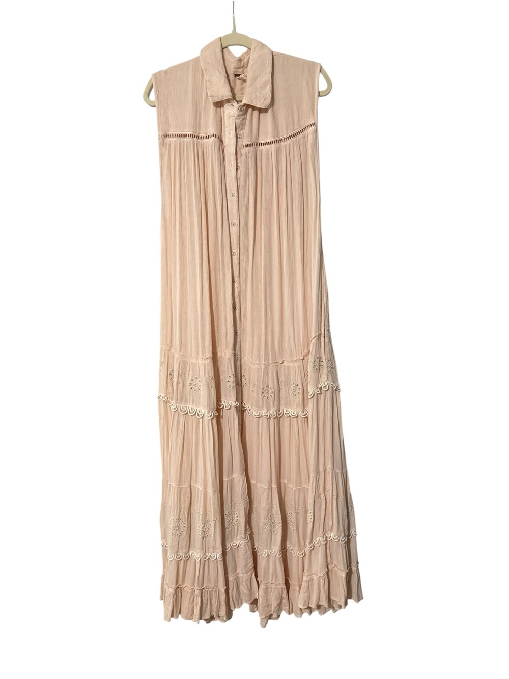 Free People Pretty Cozy Eyelet Tiered Button Front Maxi Dress Peach L - Picture 2 of 7
